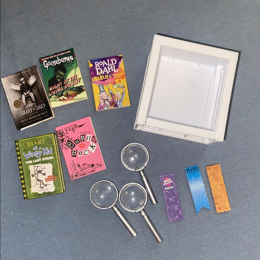 5 Mini brands books, Magnifying Glass, book mark and shelf set